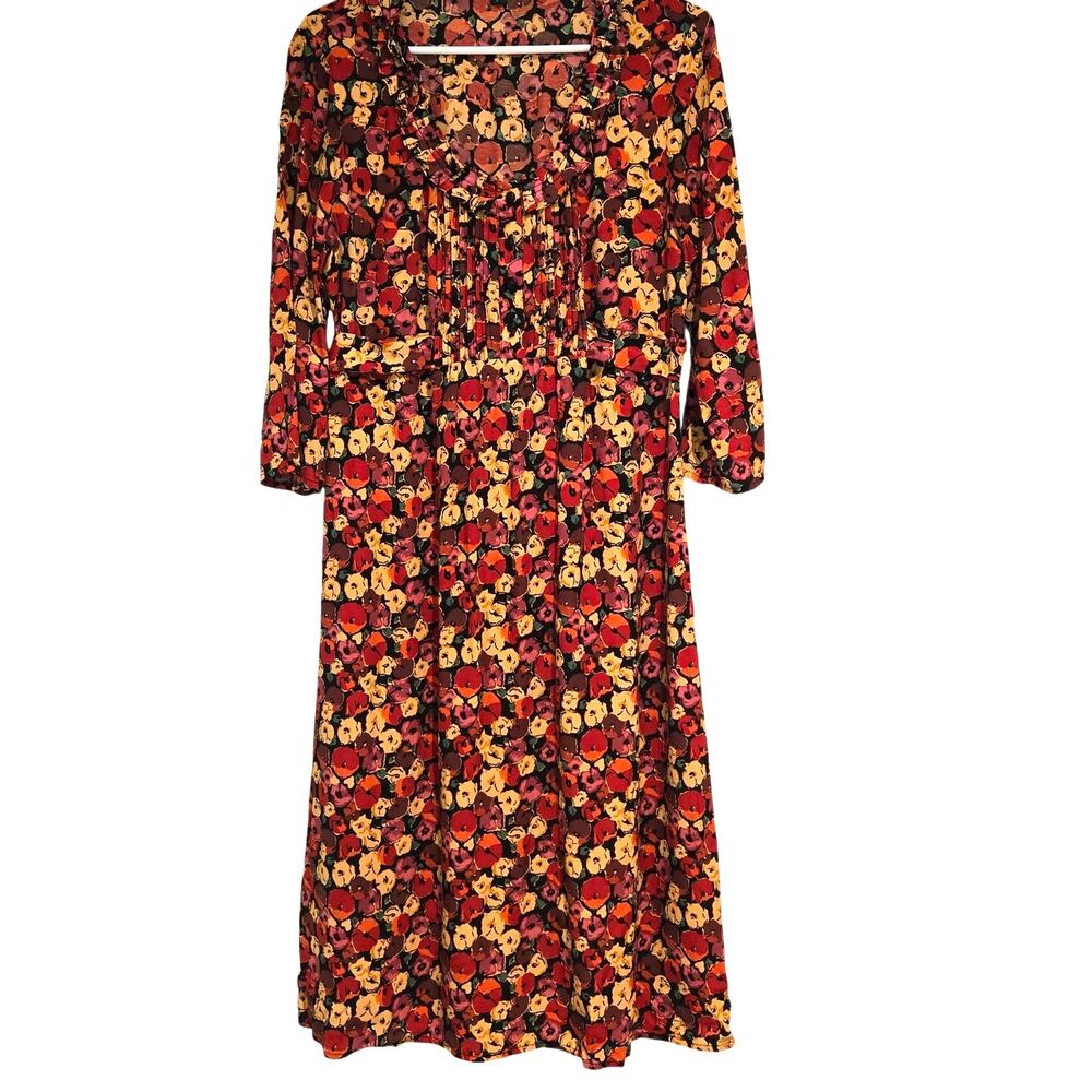 Boden Floral Midi Dress US 14 Pink Orange Pansy Ruffle Pleated Cottagecore XL